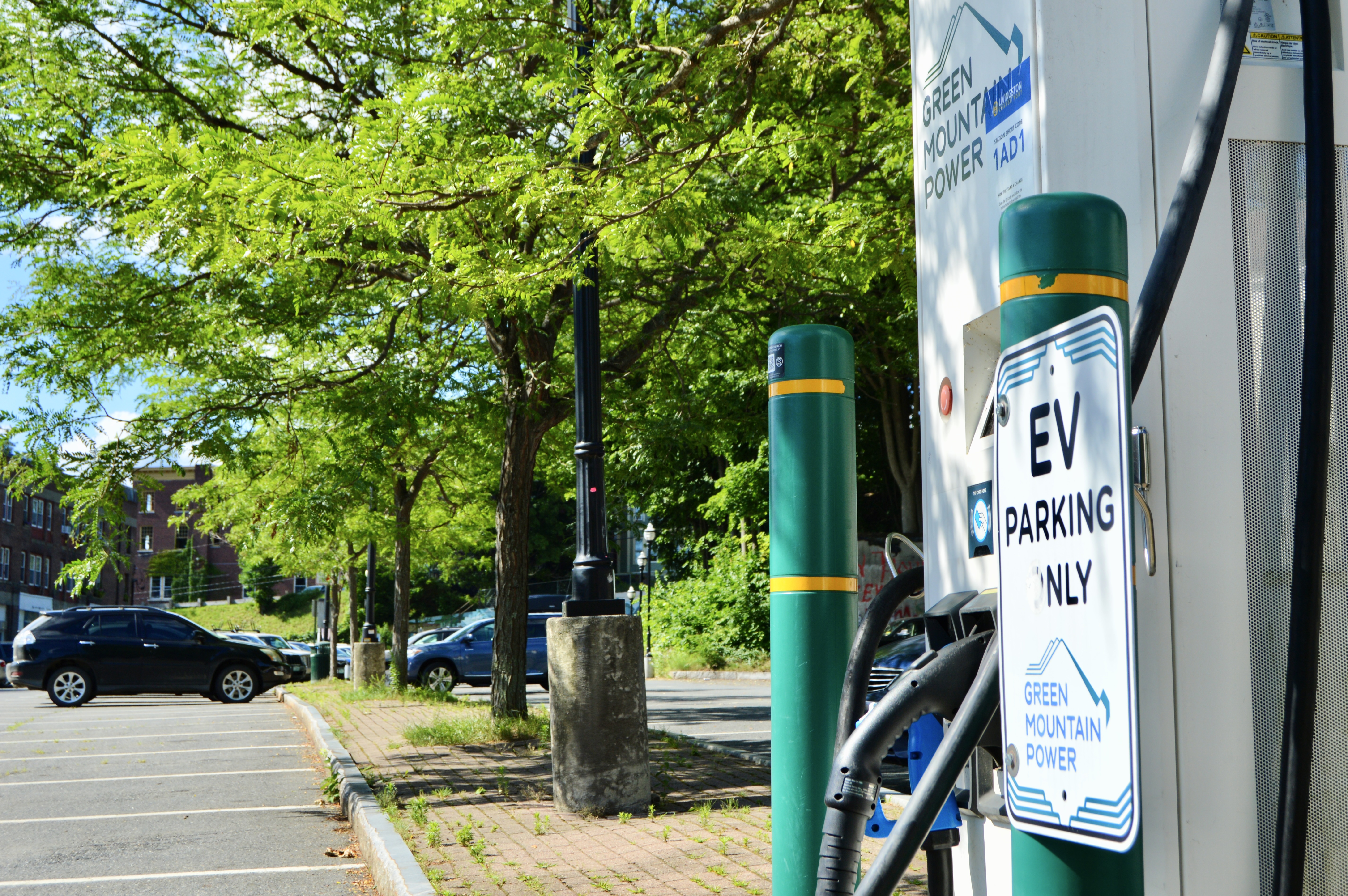 A photo of an EV charging station in the town of Brattleboro.