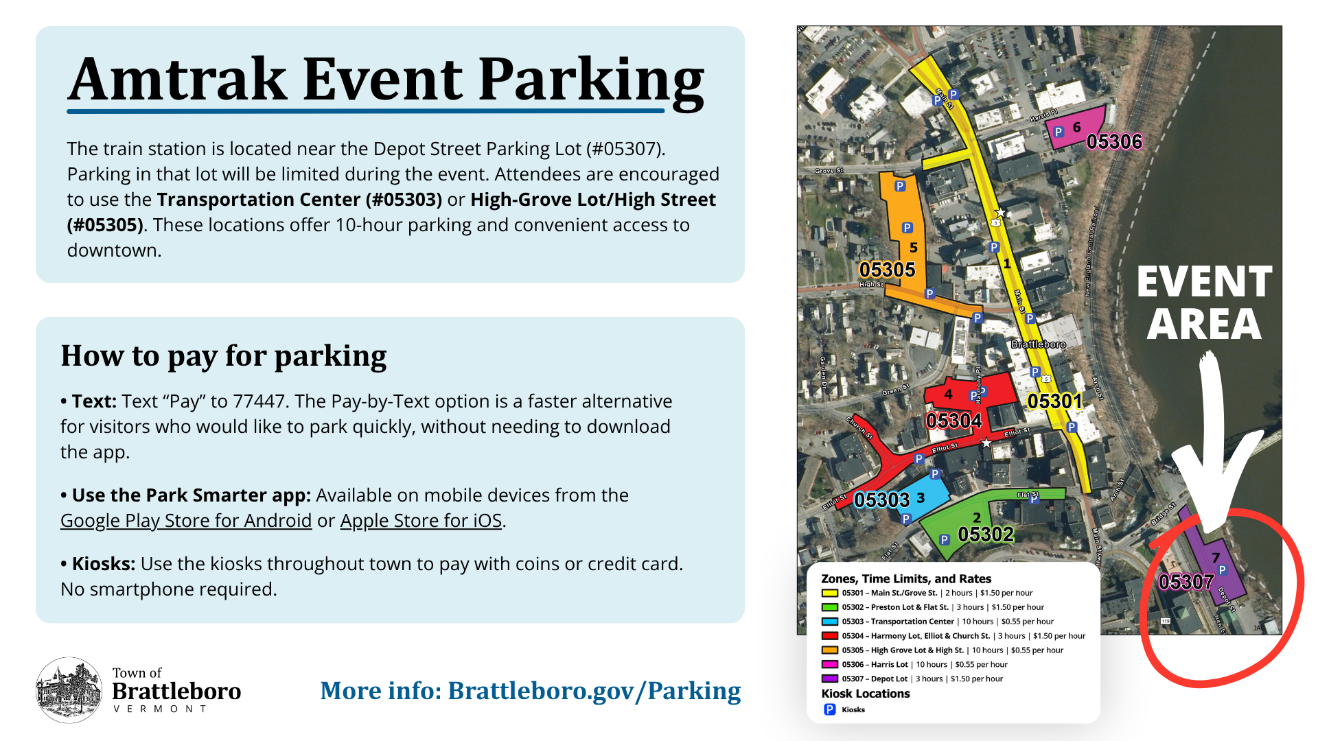 A parking guide for the Amtrak event.