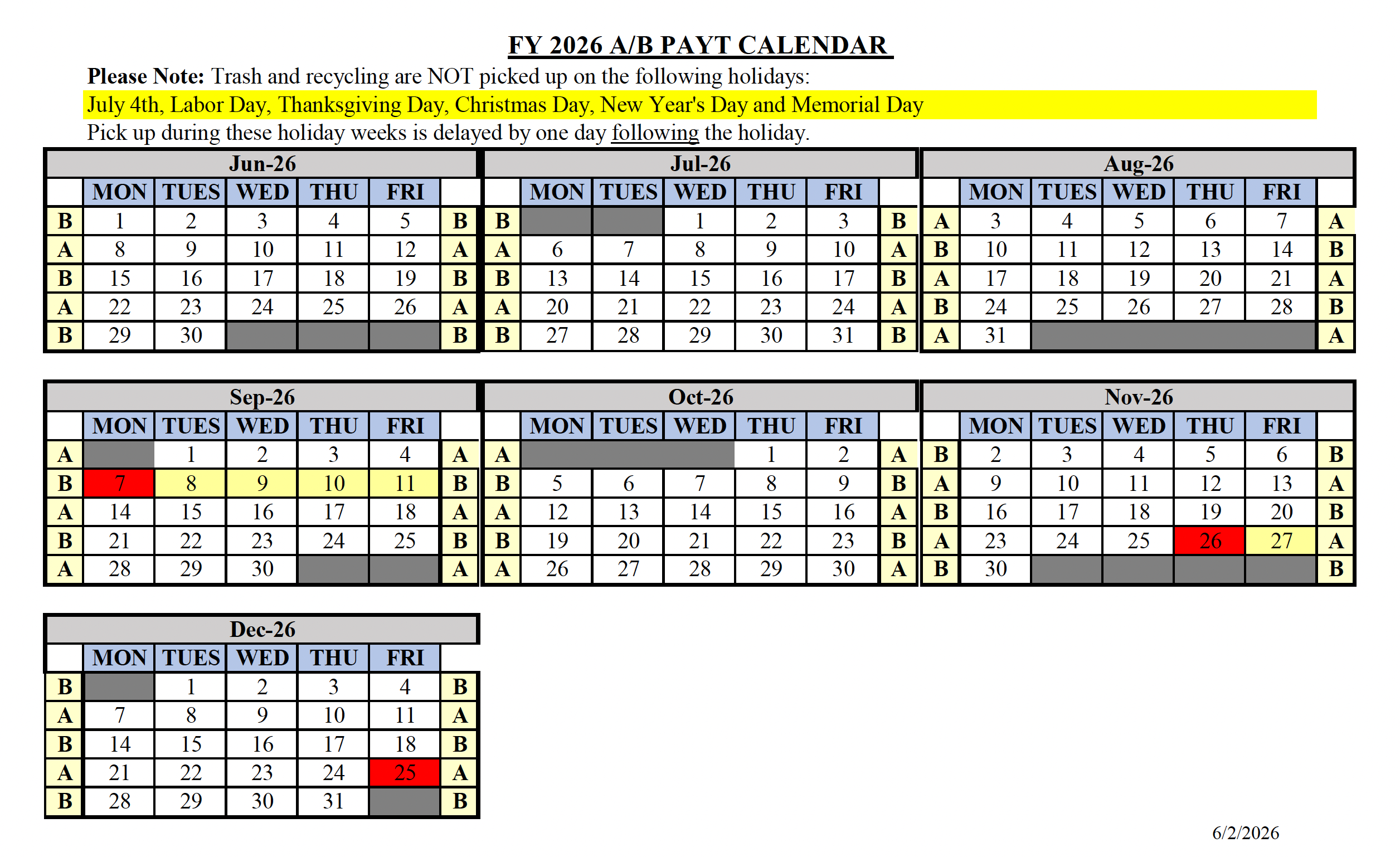 A calendar displaying information about the Pay As You Throw schedule.