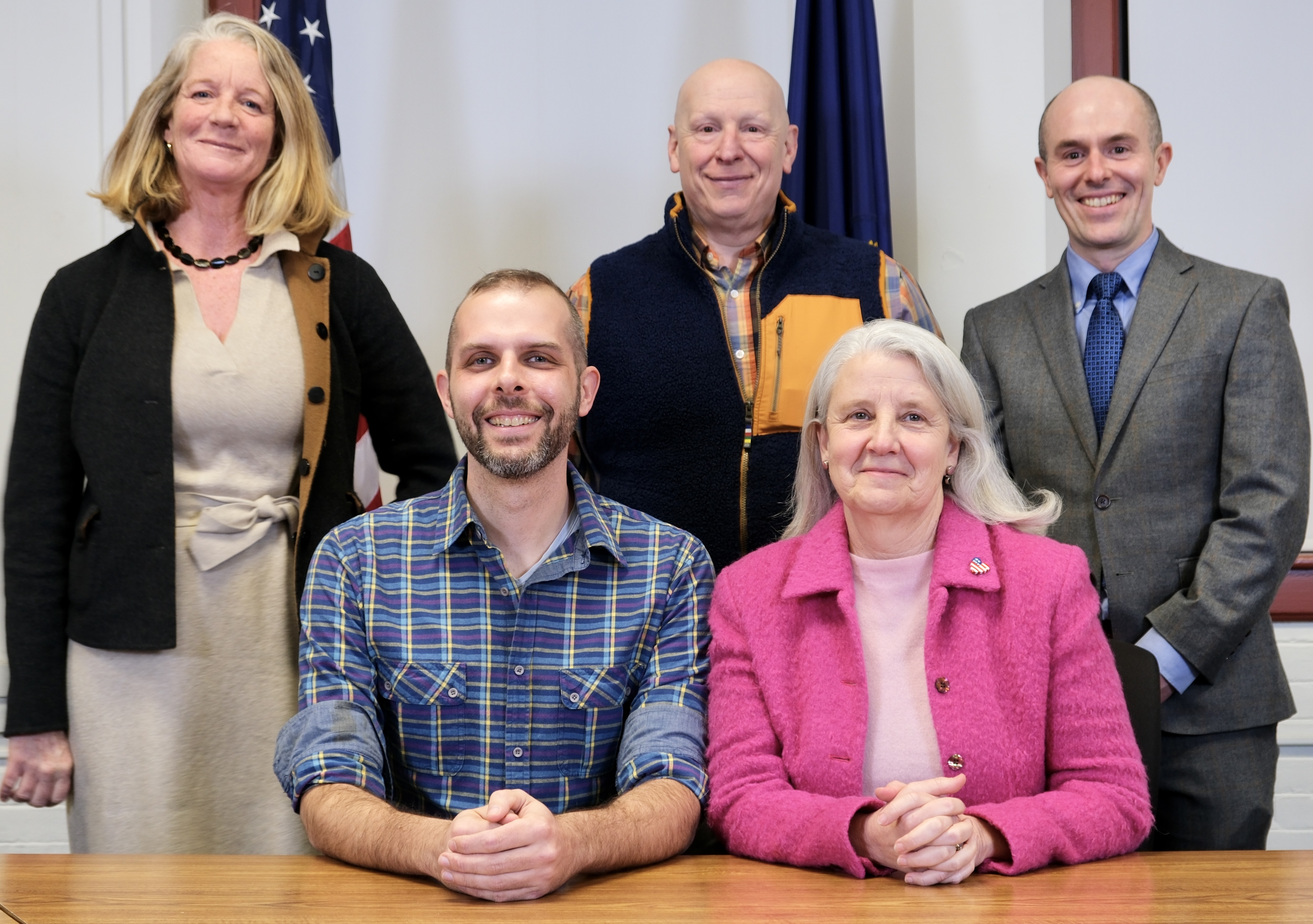 A photo of the five members of the 2025-2026 Brattleboro Selectboard.