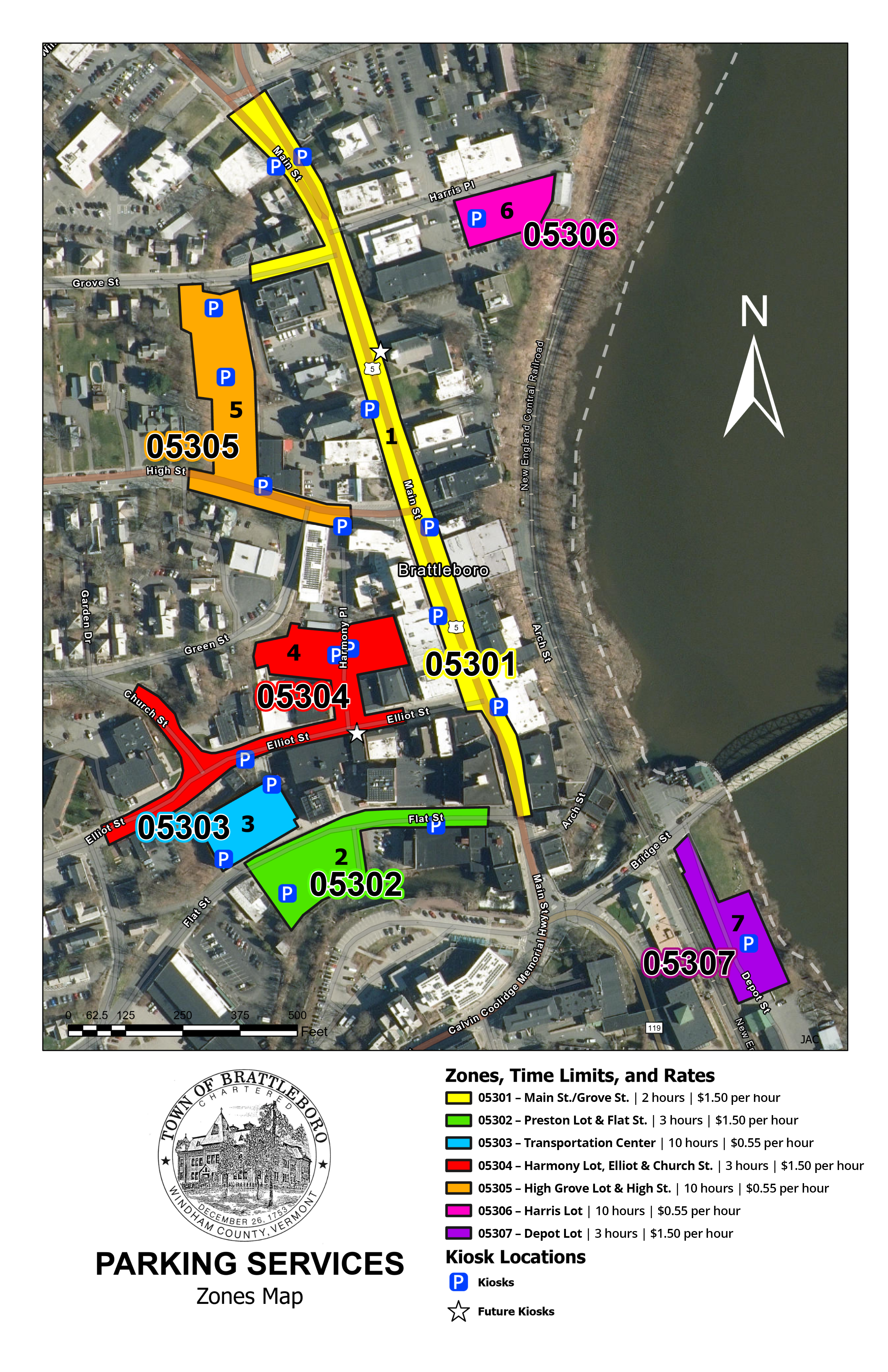 A map of the seven parking zones in downtown Brattleboro.