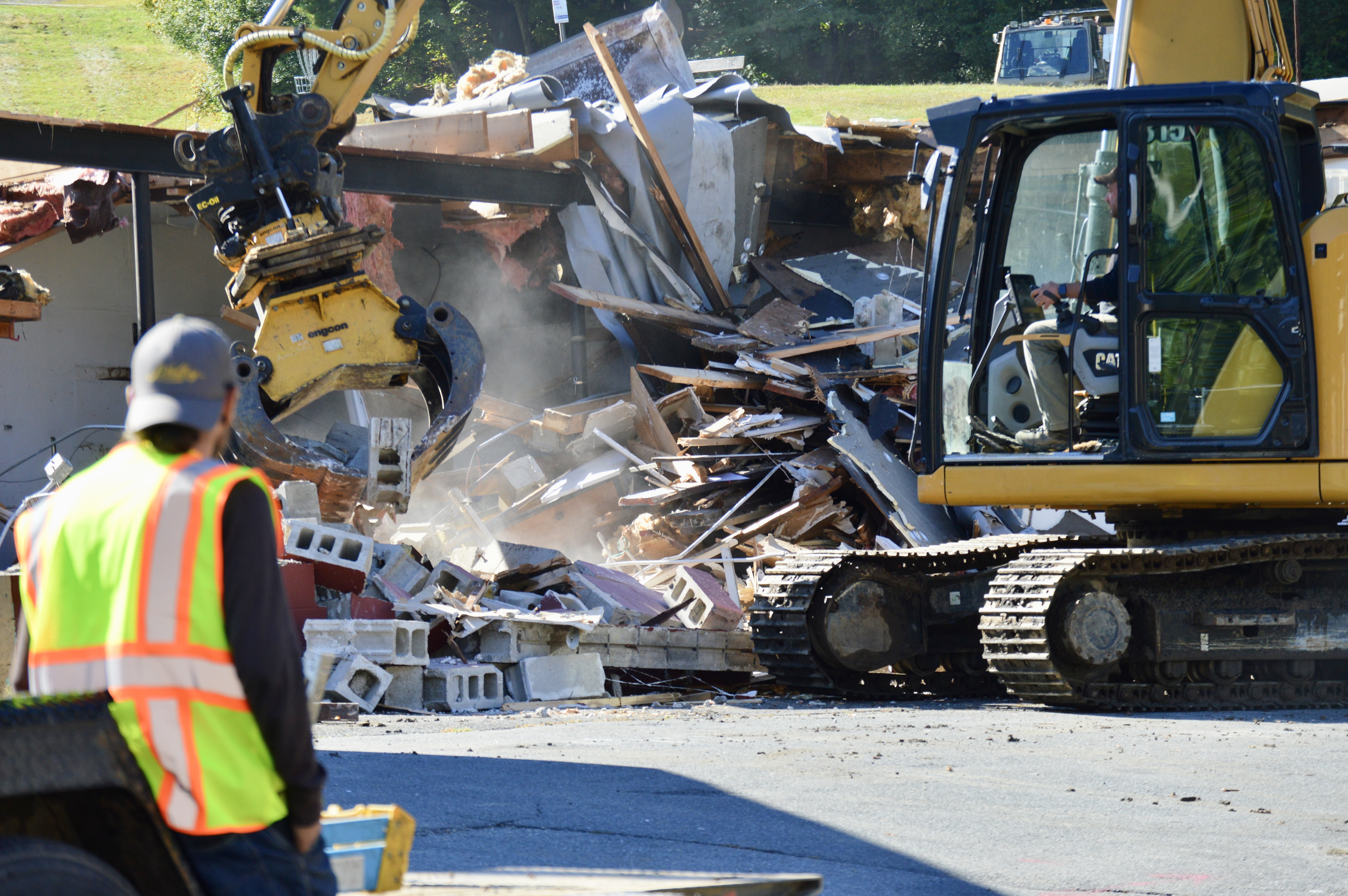 A photo of the maintenance shed at Living Memorial Park being demolished.